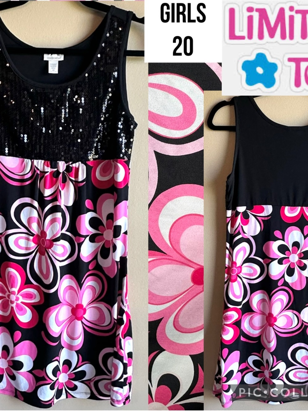Limited Too Girls Dress Y2K Pink Floral Retro Mod 1960s Black Sequin Party 20